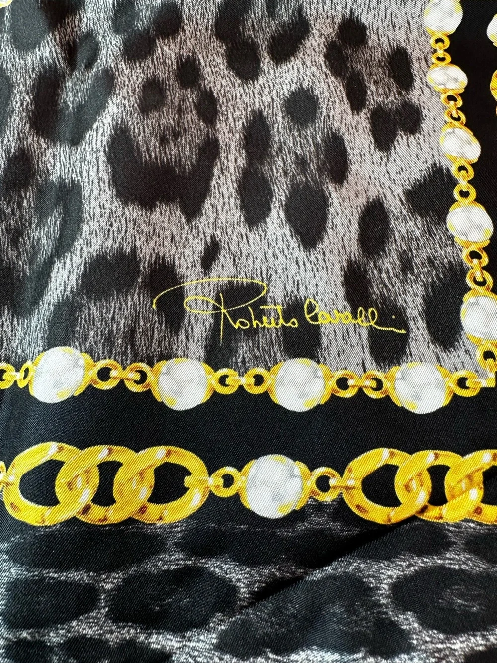Roberto Cavalli Black and Gold Leopard Motif Silk Scarf